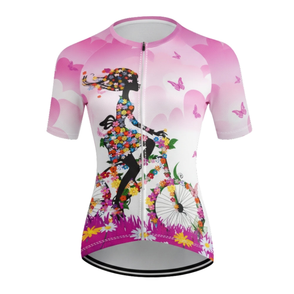 Floral Bicycle Women's Cycling Short Sleeve Jersey, Floral Cycling Jersey For Women CE0022