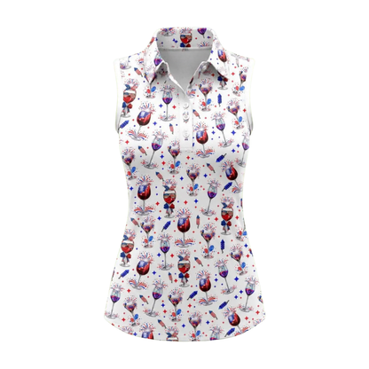 Women's Wine Red White Blue Sleeveless Golf Shirt, Wine Patriotic 4th Of July Golf Shirts For Ladies GE0529
