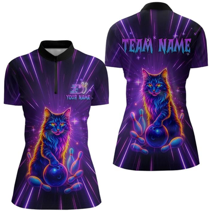 Custom Cat Neon Purple Bowling Womens Jersey, Custom Cat Bowling Team Shirts For Ladies BZ0542