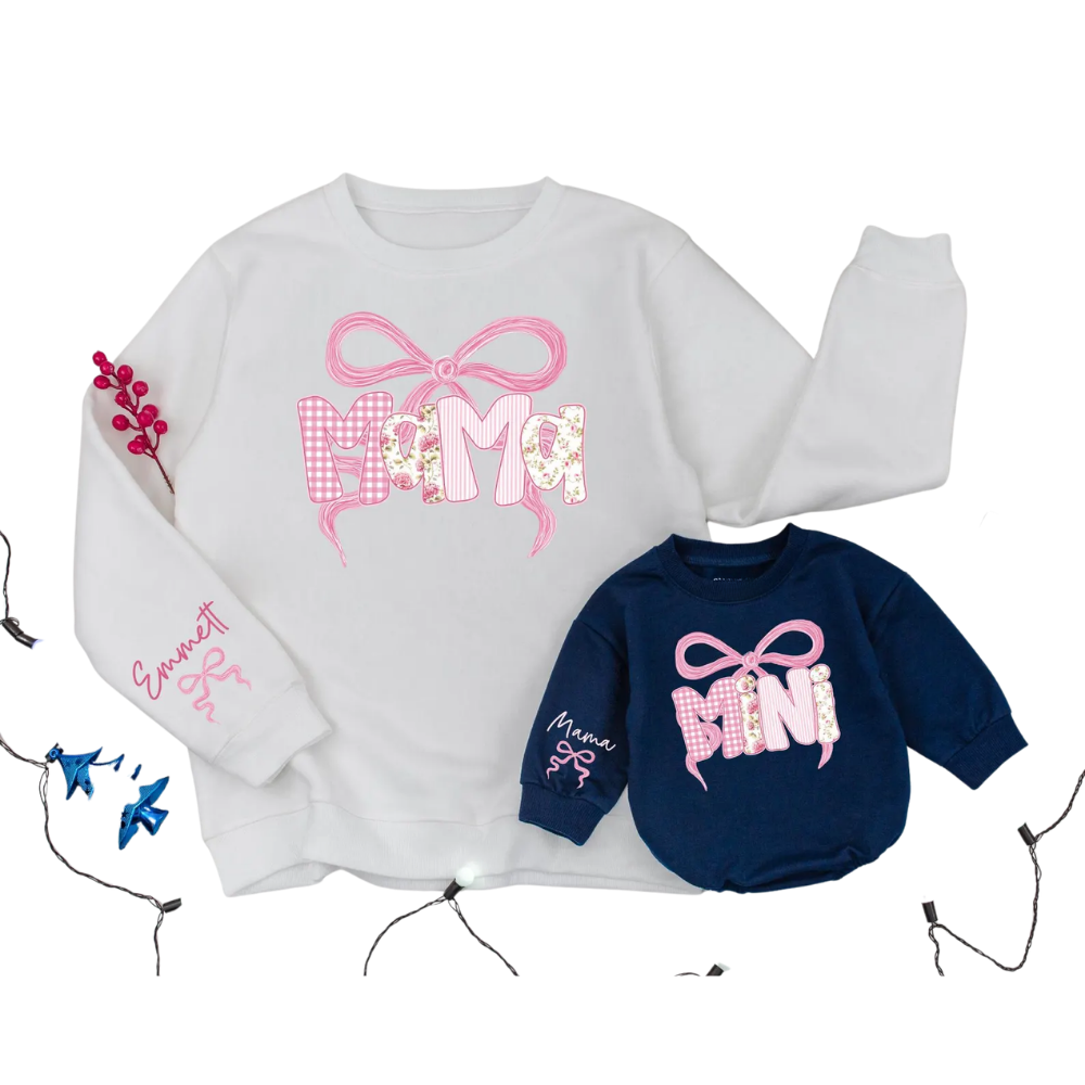 Custom Mama And Mini Floral Pink Bow Matching Sweatshirt, Custom Mommy And Mini Sweaters ET1575