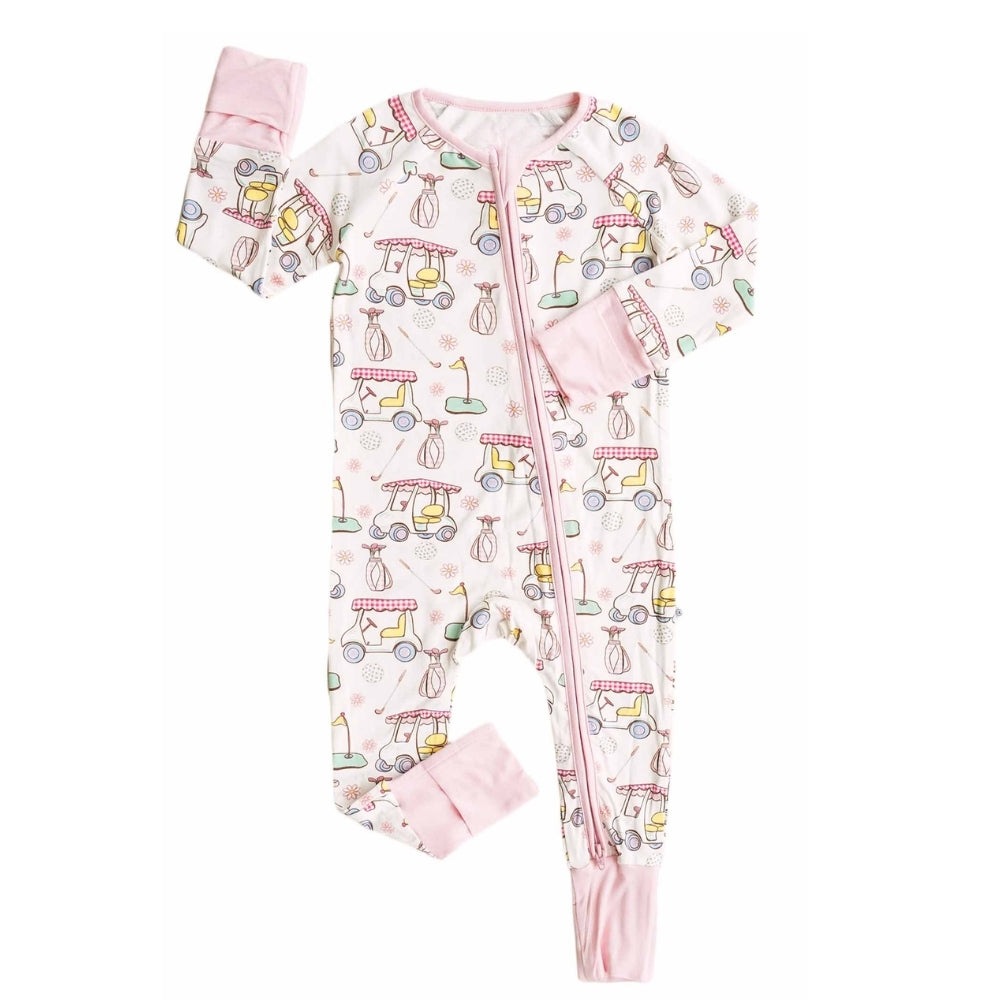 Pink Golf Cart Baby Convertible Romper Zipper, Golf Baby Girl Convertible Romper BB0723