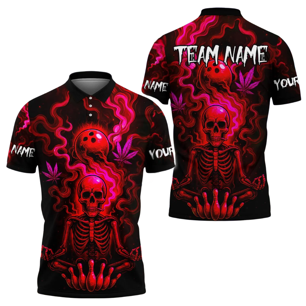 Custom Skeleton Mens Green Bowling Polo Shirt, Custom Skull Bowling Team Shirts BE0192