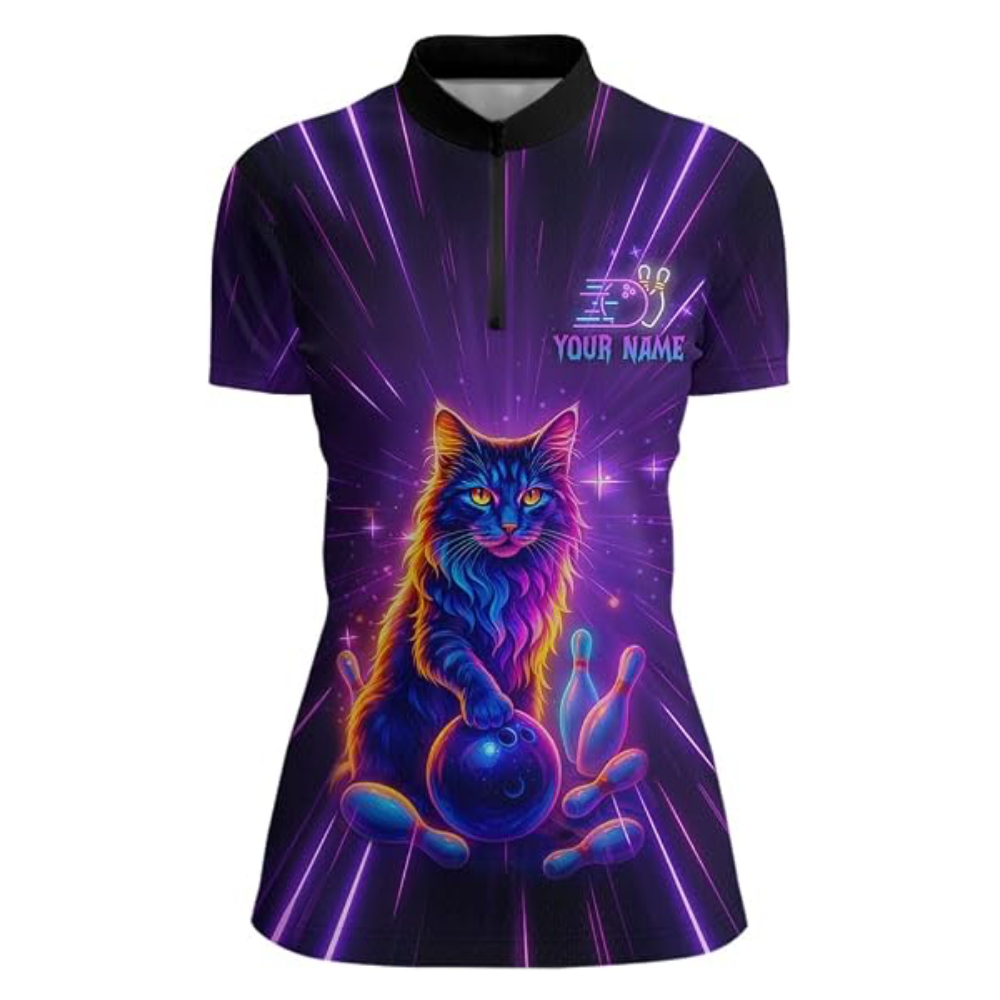 Custom Cat Neon Purple Bowling Womens Jersey, Custom Cat Bowling Team Shirts For Ladies BZ0542