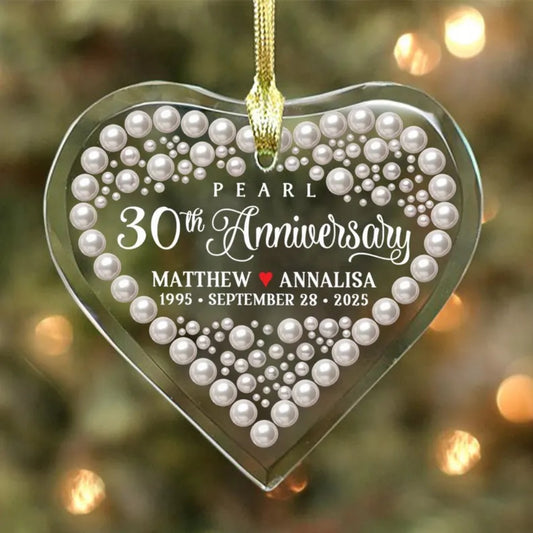 Pearl 30th Anniversary Custom Date Heart Glass Ornament, Custom 30 Years Wedding Anniversary Ornament WD0290