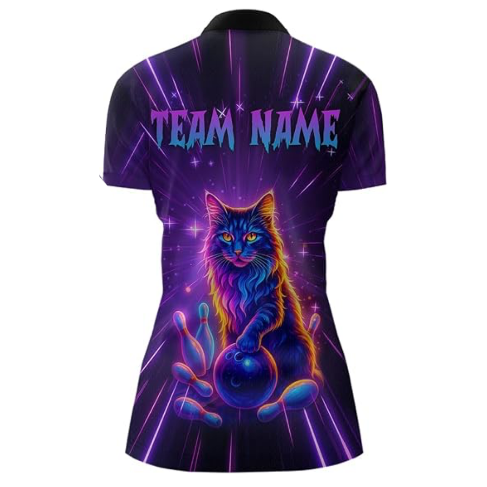 Custom Cat Neon Purple Bowling Womens Jersey, Custom Cat Bowling Team Shirts For Ladies BZ0542