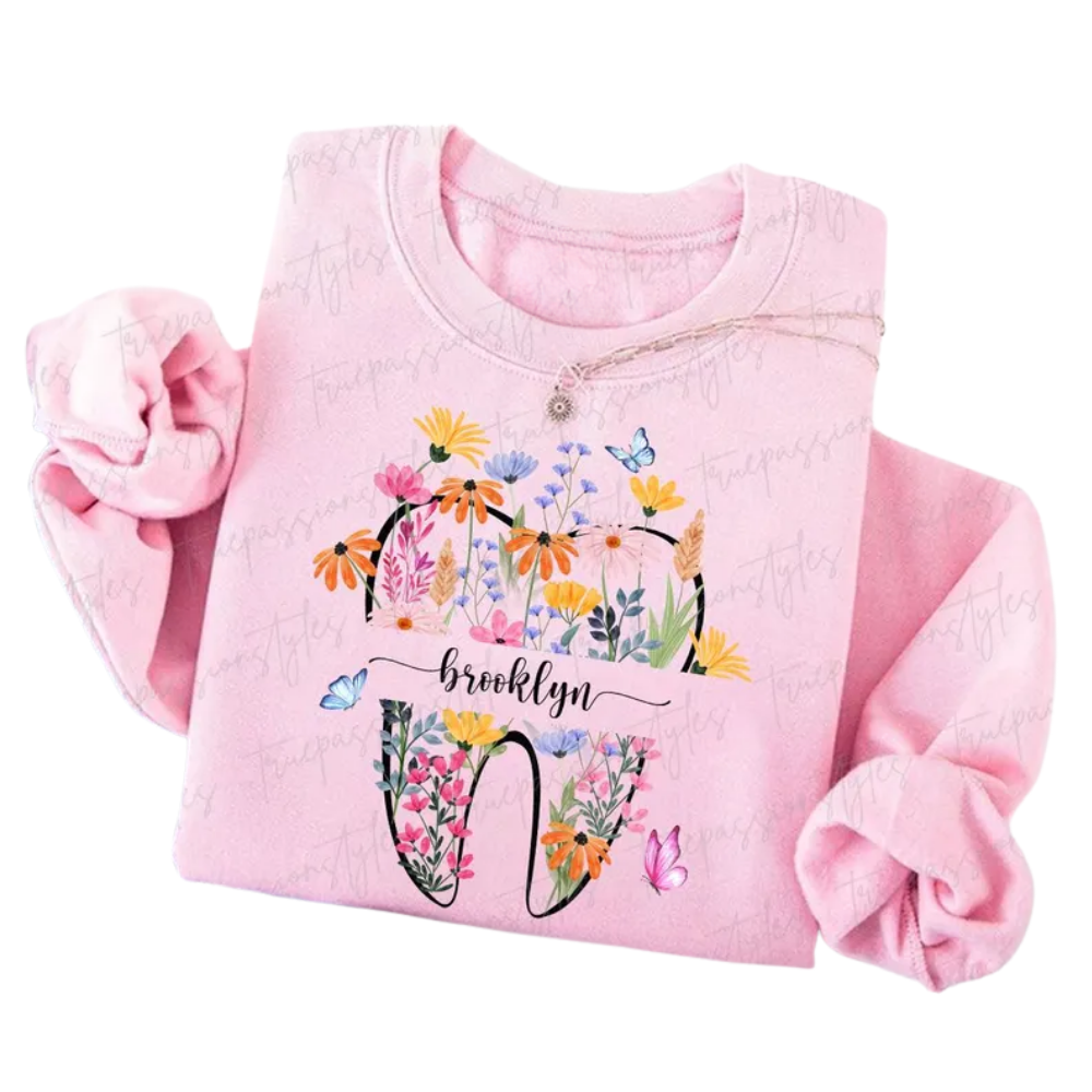 Personalized Floral Tooth Sweatshirt With Name, Custom Dental Assistant Sweatshirt 2D0902