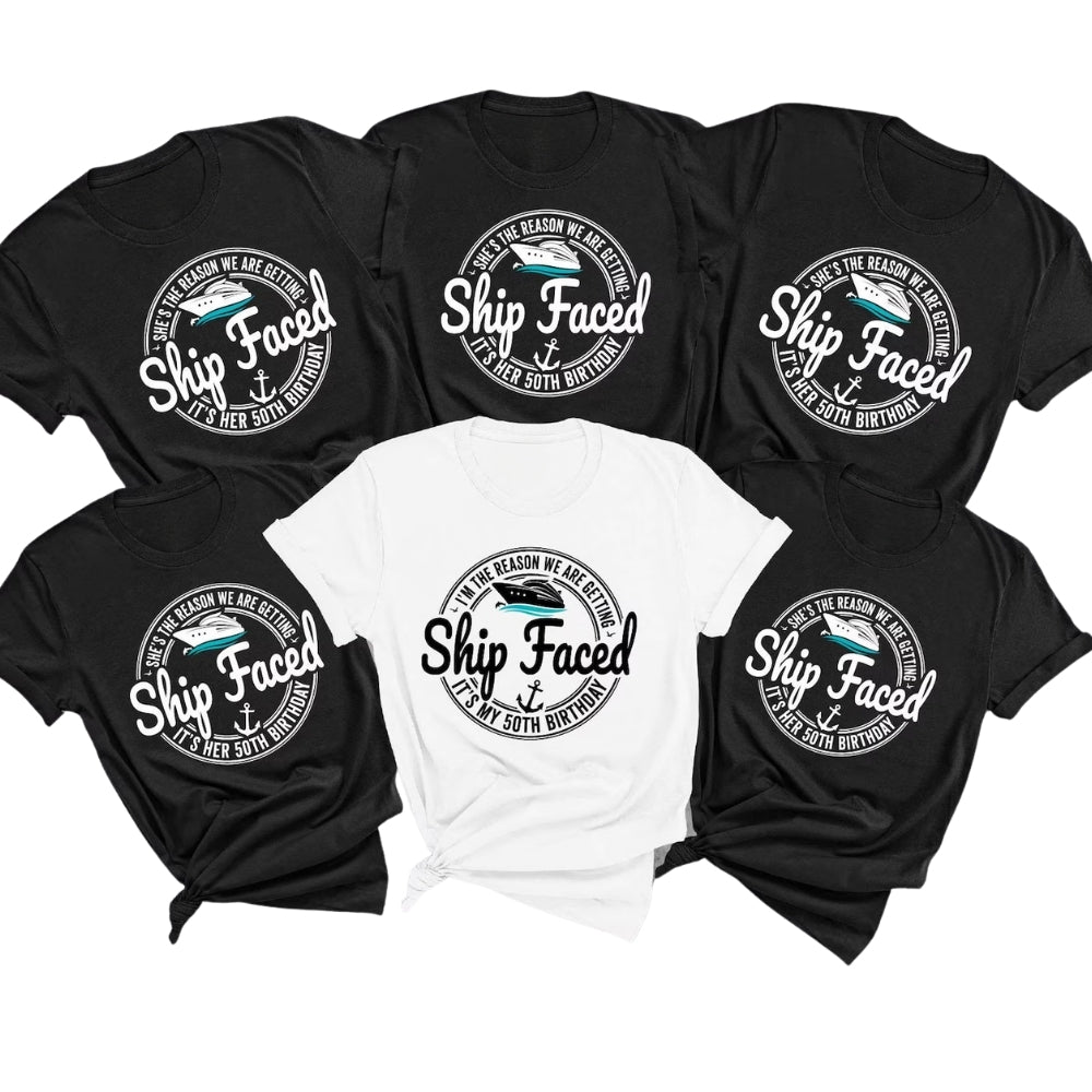 Ship Faced I'm The Reason We Are Getting It's My 50th Birthday Matching Family T Shirts, Funny 50th Birthday Cruise Matching Shirts For Family ET0384