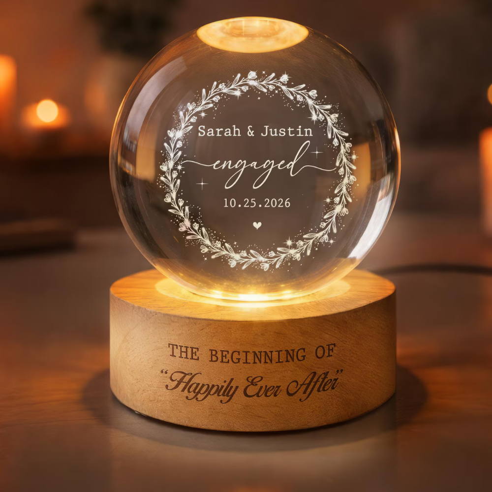 The Beginning Of Happily Ever After Custom Engaged Crystal Ball Led Night Light, Custom Engagement Night Light For Couple WD0905