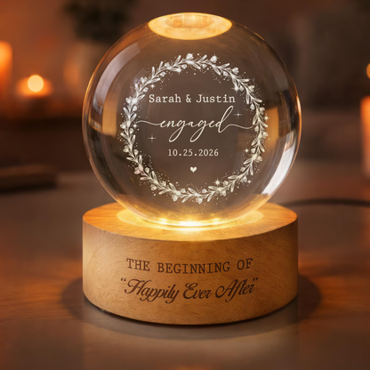 The Beginning Of Happily Ever After Custom Engaged Crystal Ball Led Night Light, Custom Engagement Night Light For Couple WD0905