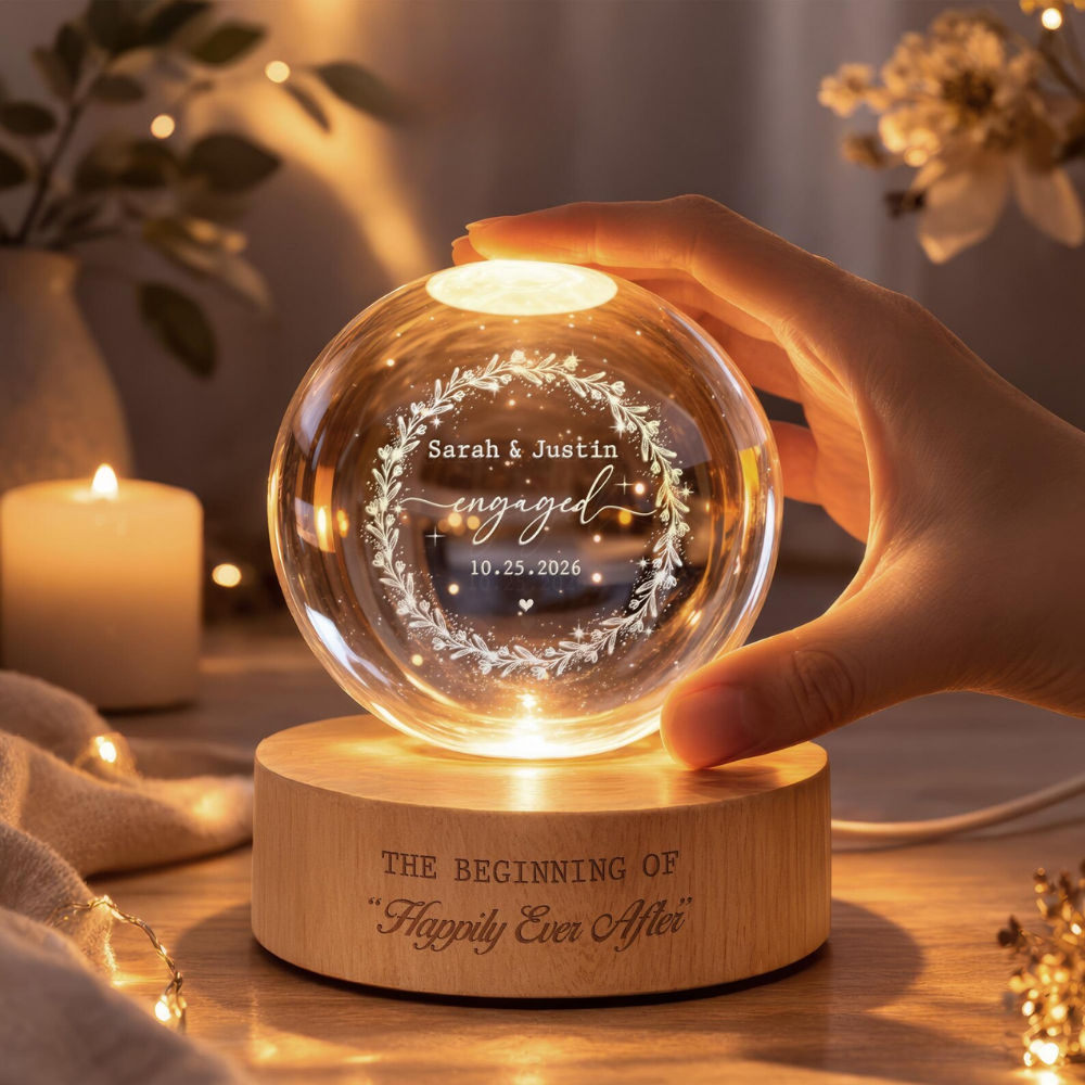 The Beginning Of Happily Ever After Custom Engaged Crystal Ball Led Night Light, Custom Engagement Night Light For Couple WD0905