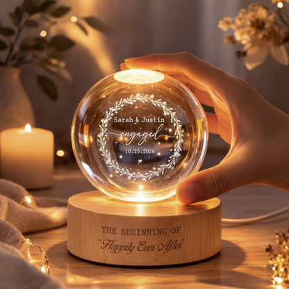 The Beginning Of Happily Ever After Custom Engaged Crystal Ball Led Night Light, Custom Engagement Night Light For Couple WD0905