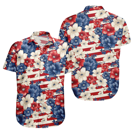 Floral Red White Blue USA Flag Hawaiian Shirt Men Women, Patriotic Floral Hawaiian Shirt For 4th Of July HE0227