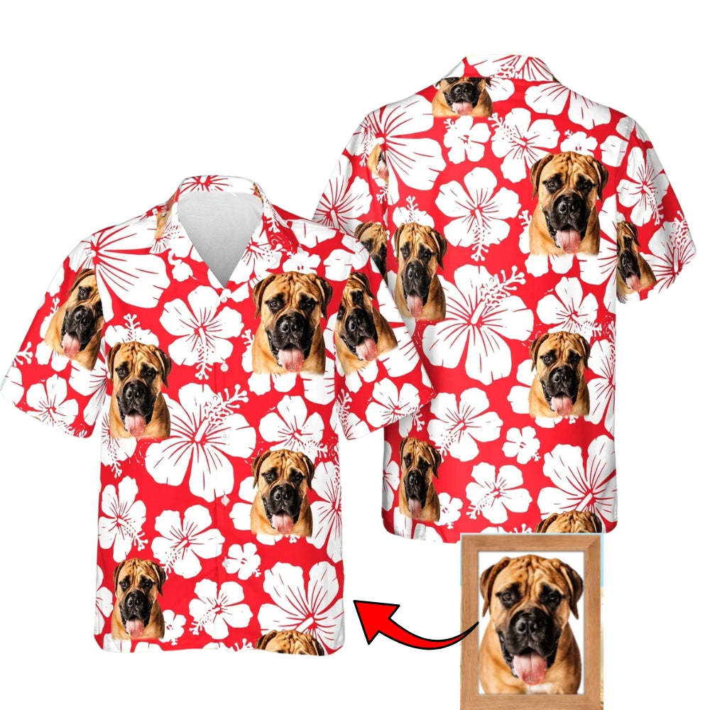 Custom Dog Face Hibiscus Red White Hawaiian Shirt For Men Women, Custom Pet Photo Floral Hawaiian Shirts HE0446