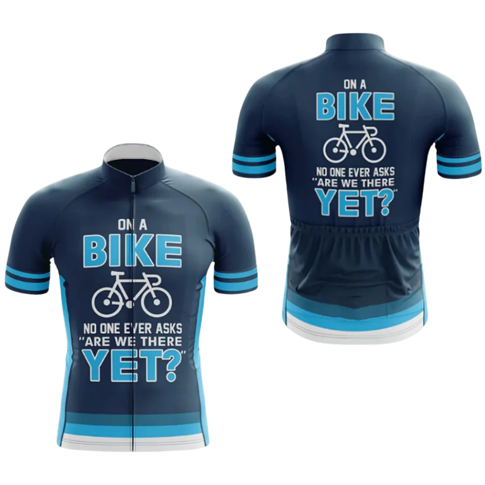 On A Bike No One Ever Asks Are We There Yet Men's Cycling Short Sleeve Jersey, Funny Blue Cycling Jersey CG0874