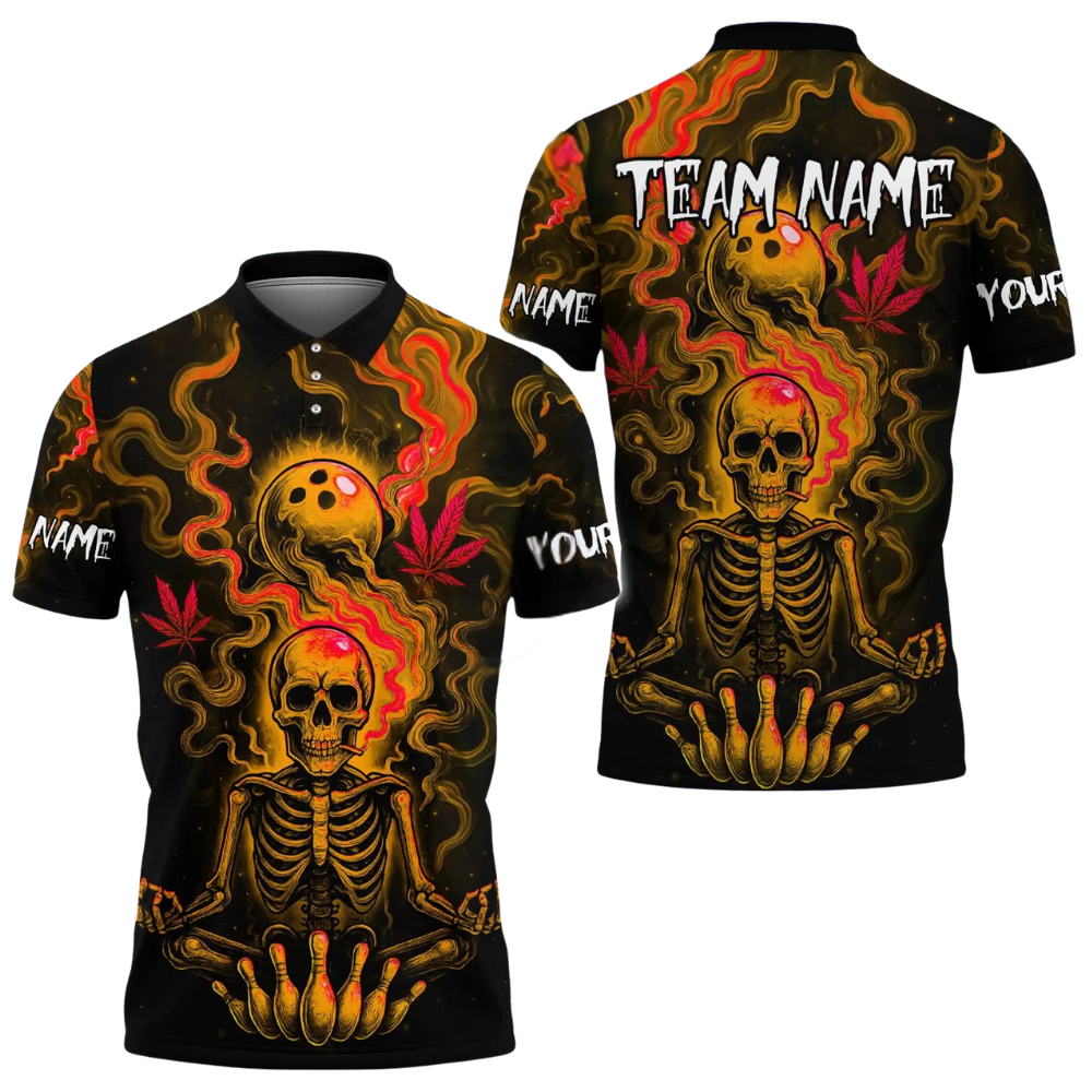 Custom Skeleton Mens Green Bowling Polo Shirt, Custom Skull Bowling Team Shirts BE0192