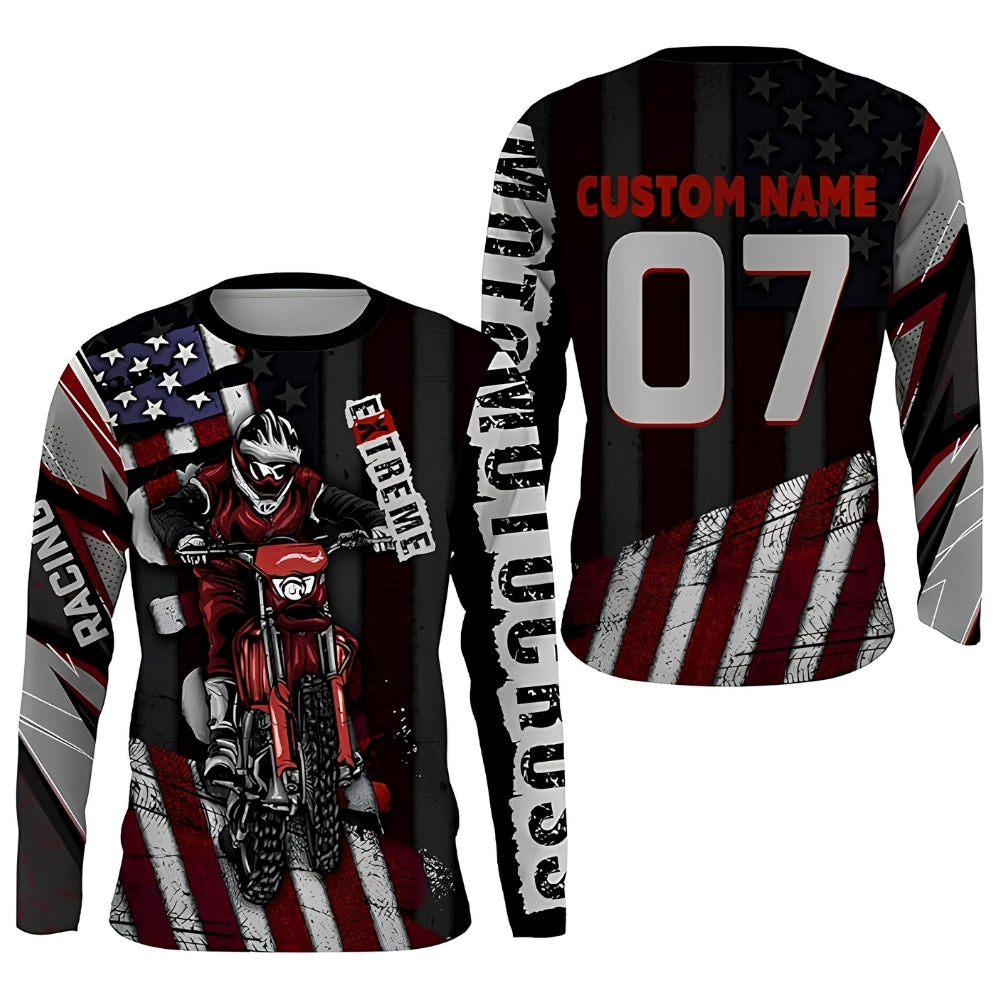 Custom American Flag Motocross Long Sleeve Jersey For Men, Custom Patriotic Motocross Racing Shirts MZ0072
