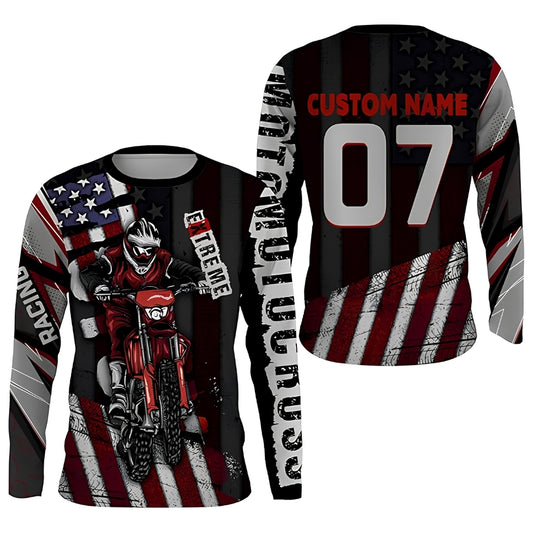 Custom American Flag Motocross Long Sleeve Jersey For Men, Custom Patriotic Motocross Racing Shirts MZ0072