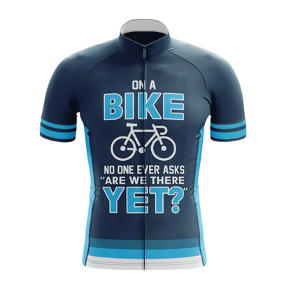 On A Bike No One Ever Asks Are We There Yet Men's Cycling Short Sleeve Jersey, Funny Blue Cycling Jersey CG0874