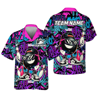 Custom Funny Ball And Pin Graffiti Bowling Hawaiian Shirt For Men, Custom Graffiti Bowling Team Shirts BE0191