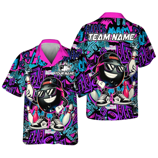 Custom Funny Ball And Pin Graffiti Bowling Hawaiian Shirt For Men, Custom Graffiti Bowling Team Shirts BE0191