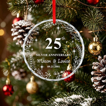 25th Silver Anniversary Custom Couple Name Glass Ornament, Custom 25 Years Wedding Anniversary Ornament WD0291