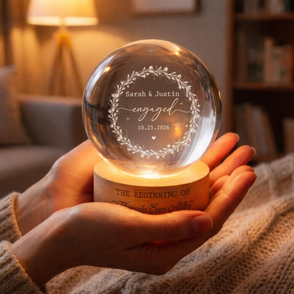 The Beginning Of Happily Ever After Custom Engaged Crystal Ball Led Night Light, Custom Engagement Night Light For Couple WD0905