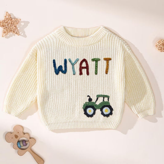 Custom Tractor Baby Embroidered Knit Sweater, Personalized Tractor Baby Sweatshirt BB0766