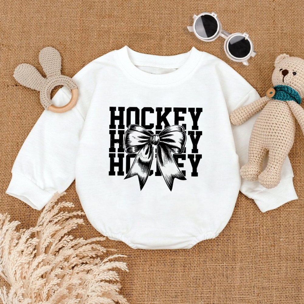 Coquette Bow  Hockey Baby Romper Sweatshirt, Baby Hockey Romper Sweatshirt BB0156