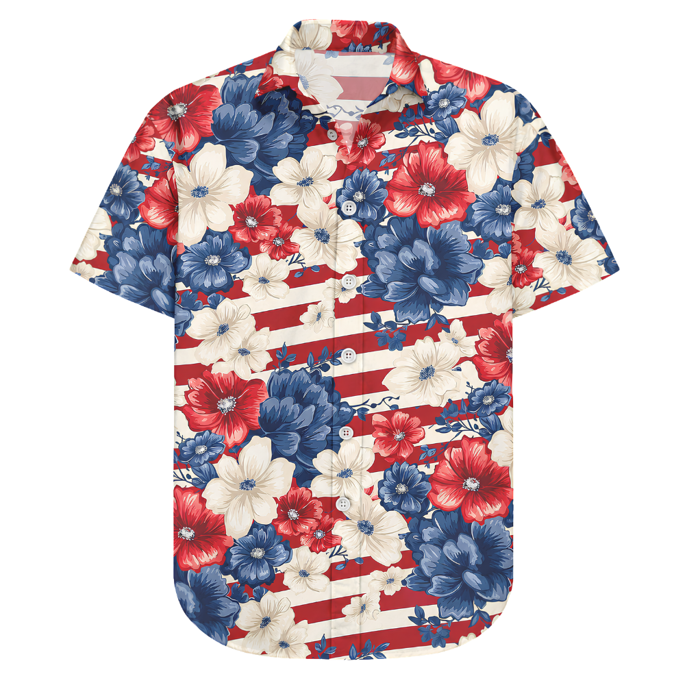 Floral Red White Blue USA Flag Hawaiian Shirt Men Women, Patriotic Floral Hawaiian Shirt For 4th Of July HE0227