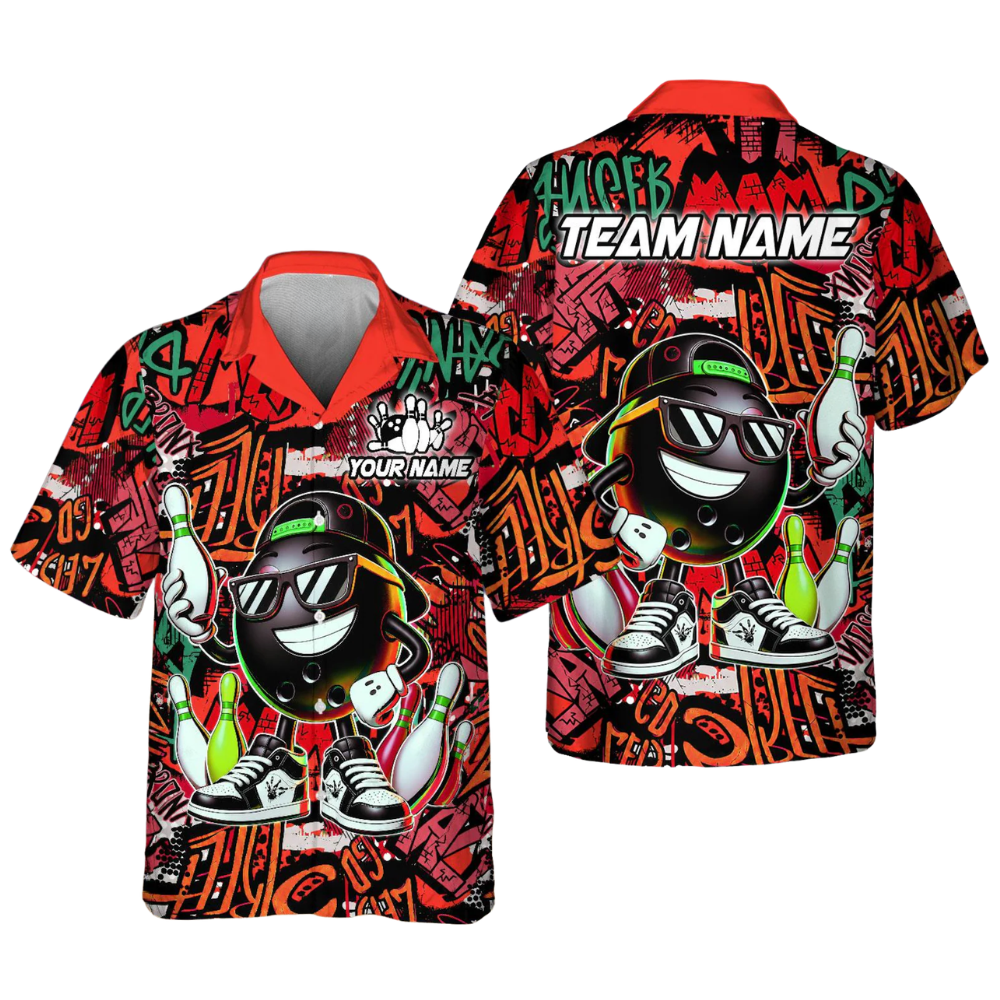 Custom Funny Ball And Pin Graffiti Bowling Hawaiian Shirt For Men, Custom Graffiti Bowling Team Shirts BE0191