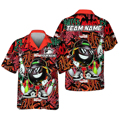 Custom Funny Ball And Pin Graffiti Bowling Hawaiian Shirt For Men, Custom Graffiti Bowling Team Shirts BE0191