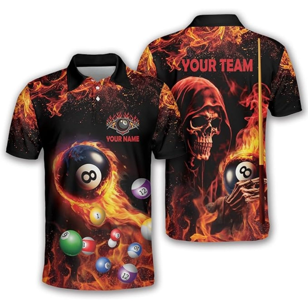 Custom Flame Skull Billiard Polo Shirt Mens, Custom Skull Billiard Team Shirts BIZ0167