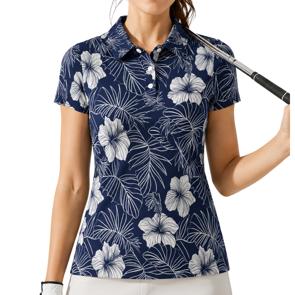 Hibiscus Navy Matching Men And Women Golf Polo Shirt, Floral Couple Matching Golf Shirts GE0488