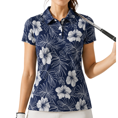 Hibiscus Navy Matching Men And Women Golf Polo Shirt, Floral Couple Matching Golf Shirts GE0488