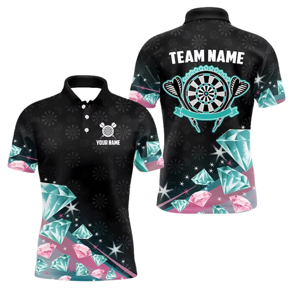 Custom Team Diamond Black Cyan Darts Polo Shirts For Men, Custom Men's Darts Team Shirts DE0027