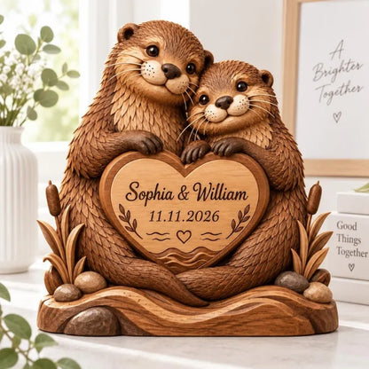 Personalized Otter Couple Layer Wooden Plaque, Custom Otter Lover Wedding Keepsake Wooden Block WD0958