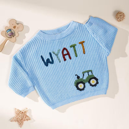 Custom Tractor Baby Embroidered Knit Sweater, Personalized Tractor Baby Sweatshirt BB0766