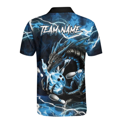 Custom Black And Blue Dragon Bowling Polo Shirt Men, Custom Dragon Team Bowling Shirt BZ0921