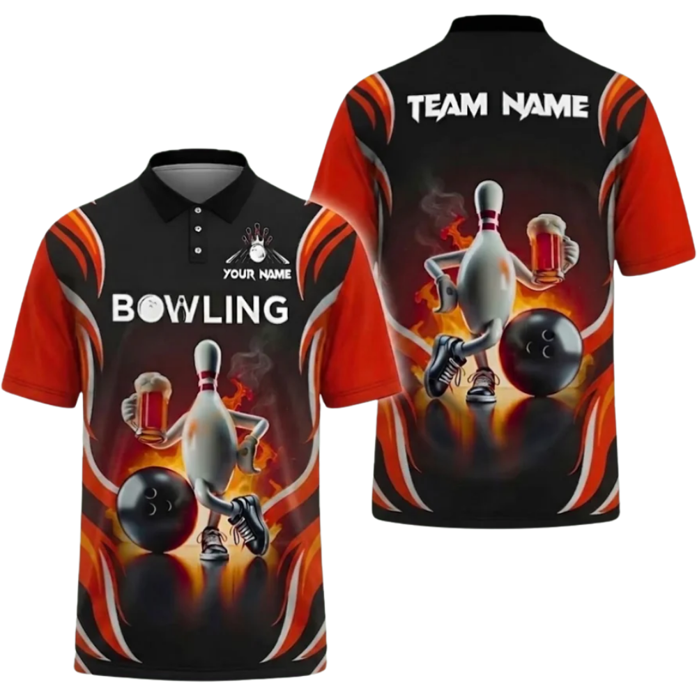 Custom Pin And Beer Bowling Polo Shirt Mens, Custom Team Bowling Shirts For Beer Lovers BZ0478