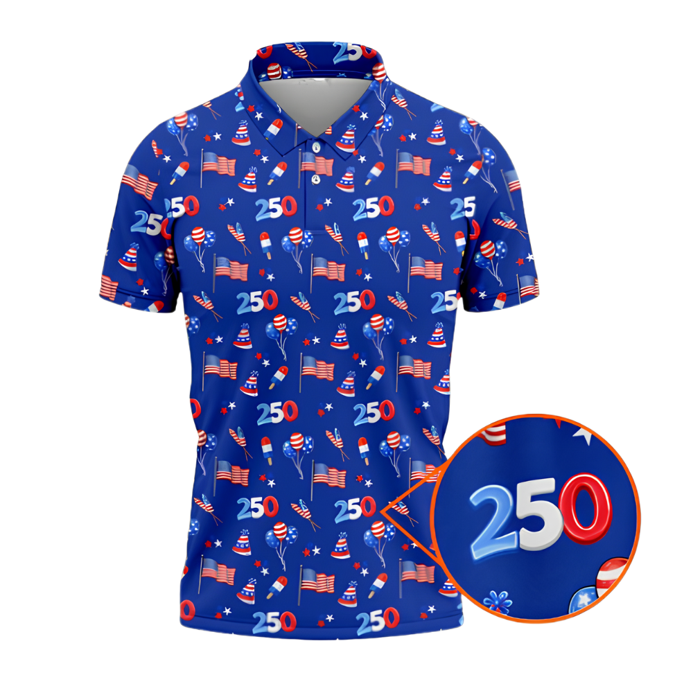 American Flag 250th Anniversary Pattern Blue Golf Men Polo Shirt, 4th Of July Golf Shirts GZ0281