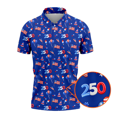 American Flag 250th Anniversary Pattern Blue Golf Men Polo Shirt, 4th Of July Golf Shirts GZ0281