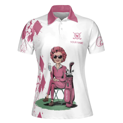 Never Underestimate An Old Woman With A Golf Club Custom Name Golf Shirt For Ladies, Women's Custom Funny Golf Shirts White Pink GE0547