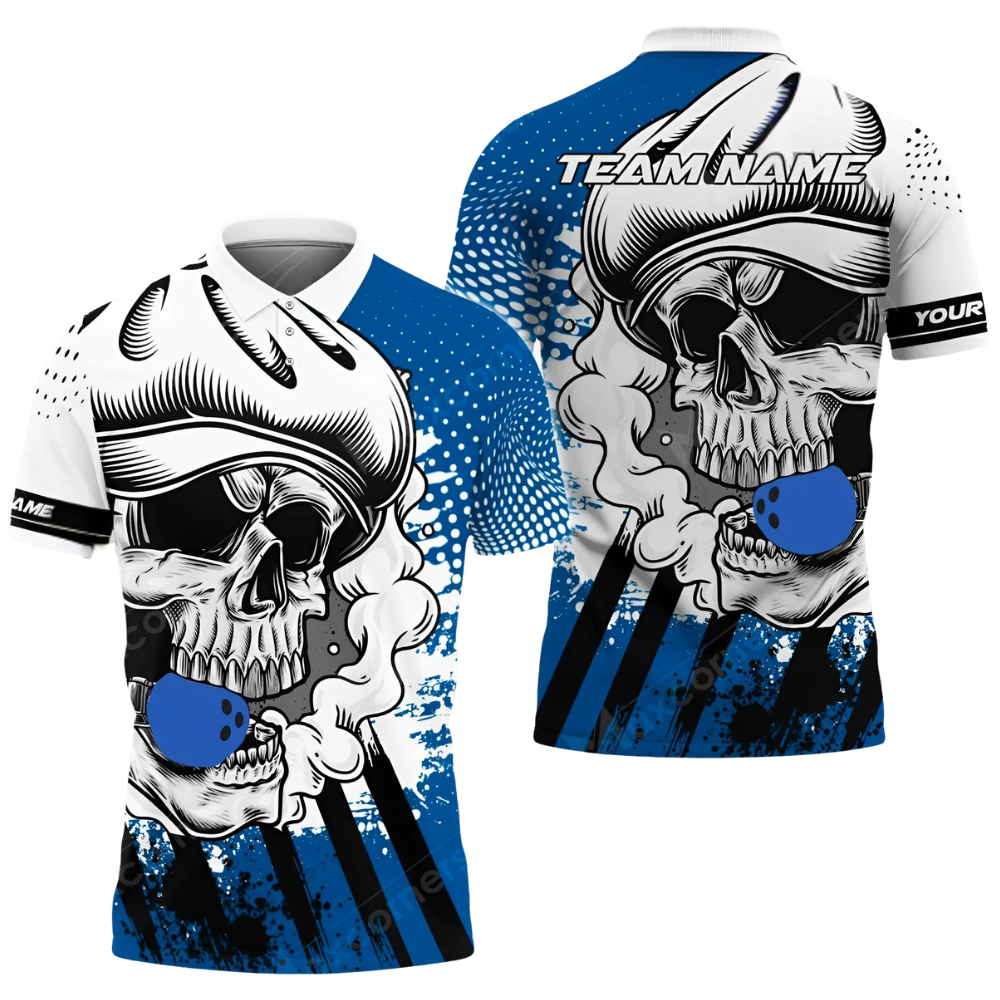 Custom Skull Red And White Bowling Polo Shirt For Men, Custom Skull Bowling Team Shirts BZ0768
