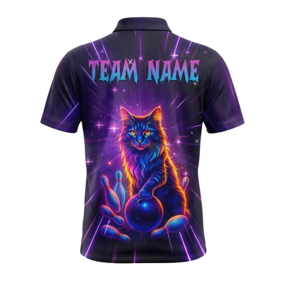 Custom Neon Cat Purple Bowling Polo Shirt Mens, Custom Cat Bowling Team Shirts BZ0669