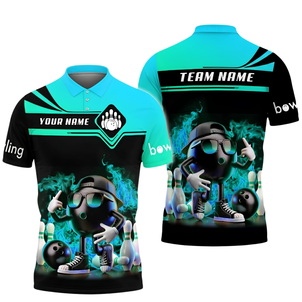 Custom Funny Ball Flaming Bowling Polo Shirt Mens, Custom Flame Team Bowling Shirt BZ1028