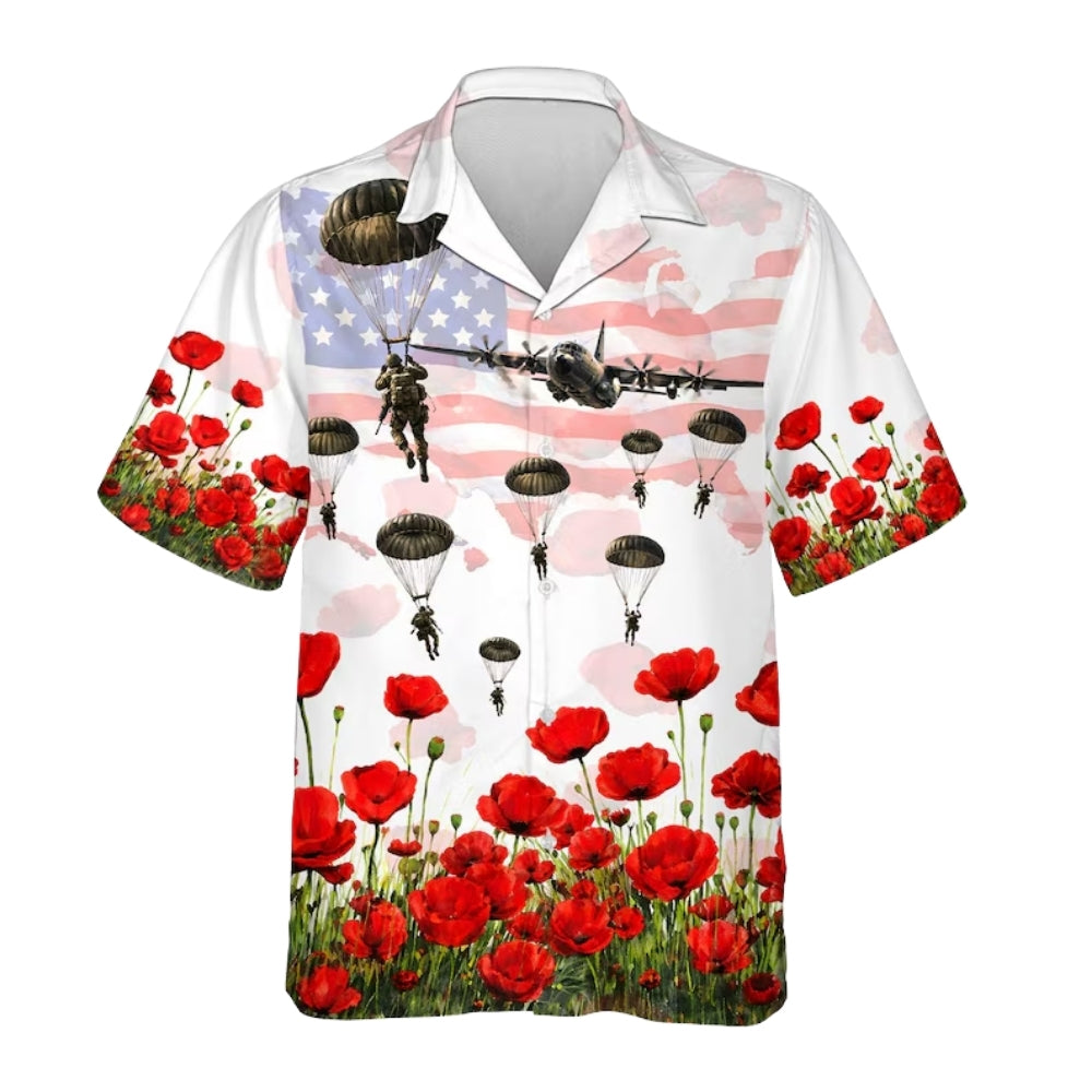 Paratroopers Red Poppy USA Flag Hawaiian Shirt For Mens, Paratroopers Hawaiian Shirt HE0399