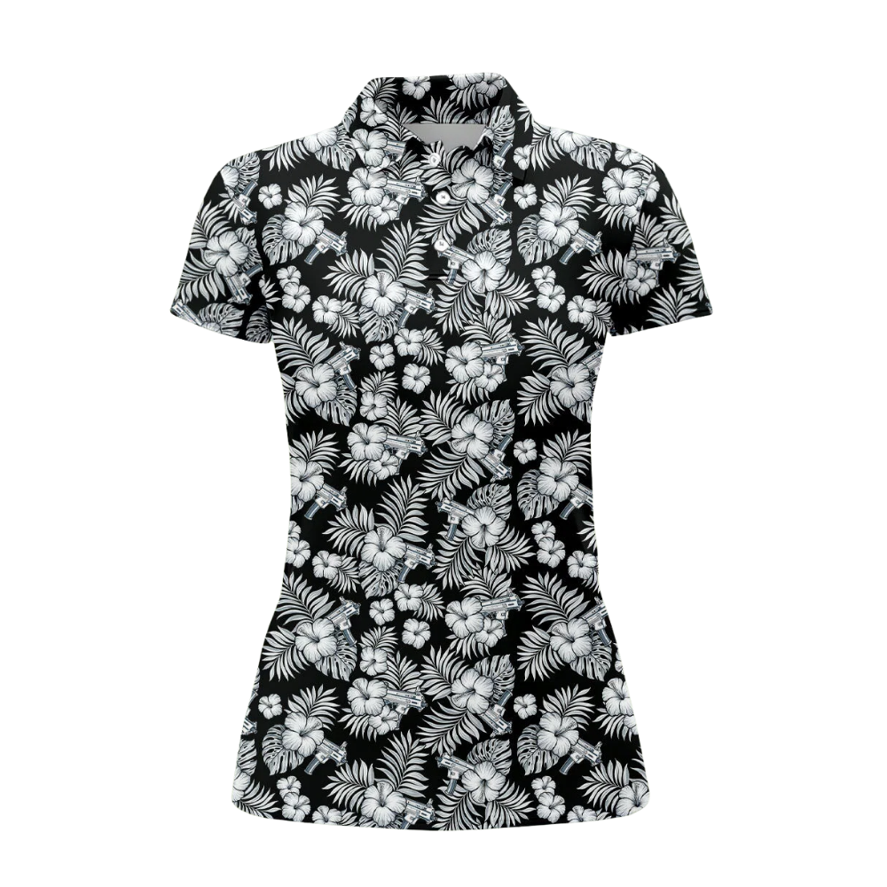 Black And White Hibiscus Golf Polo Shirt Ladies, Women's Floral Tropical Golf Shirt GZ0358