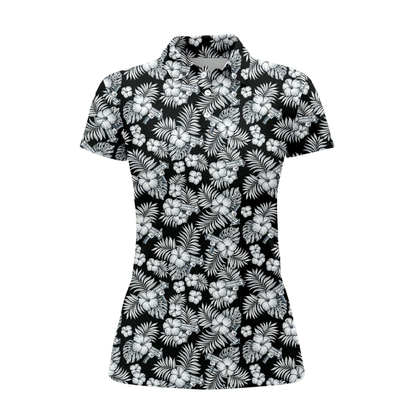 Black And White Hibiscus Golf Polo Shirt Ladies, Women's Floral Tropical Golf Shirt GZ0358