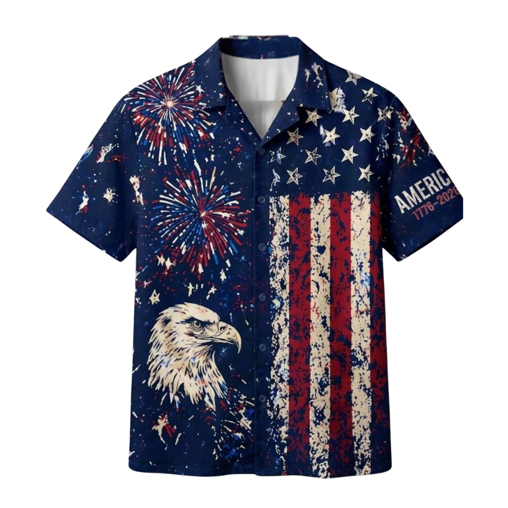 American Flag Eagle Firework Hawaiian Shirt For Men, Patriotic Hawaiian Shirt For Independence Day HE0383