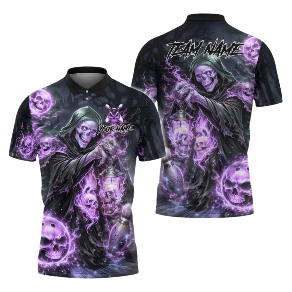 Custom Grim Reaper Bowling Mens Polo Shirt Black And Green, Custom Skull Bowling Team Shirts BZ1100